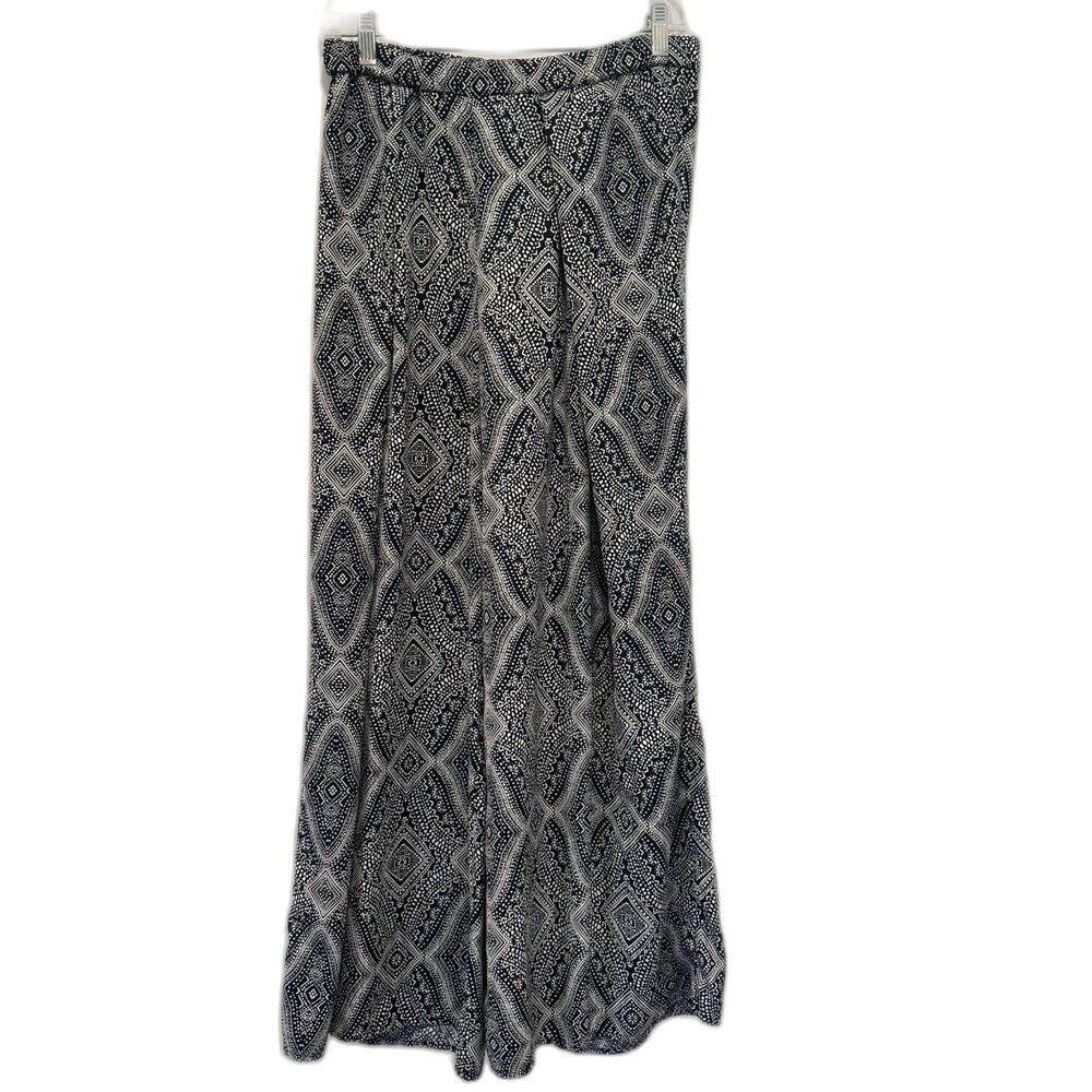 H&M Pull On Pants Women sz 6 Wide-Leg Flowy High Rise Navy Boho Printed Comfy